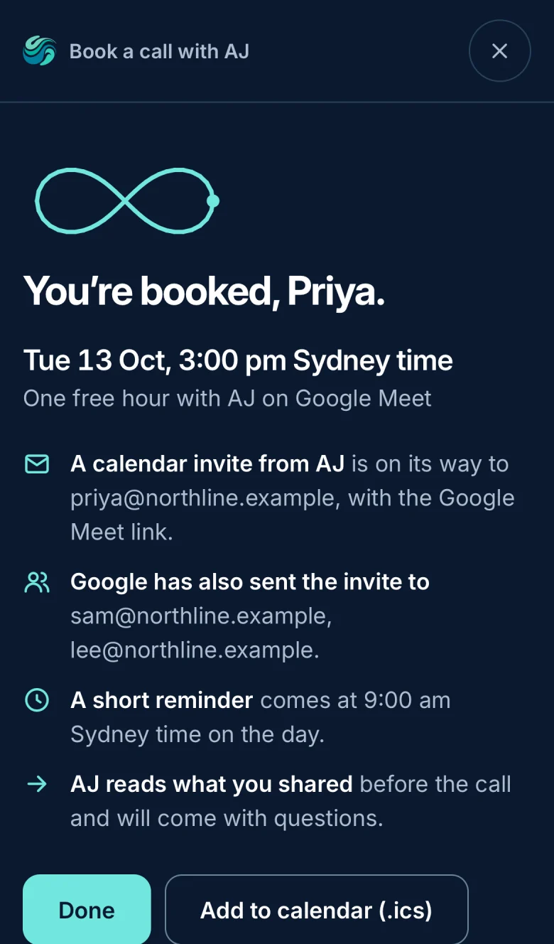 Phone screenshot: the booked screen confirming the call, the invite on its way, guests invited and a reminder on the day.