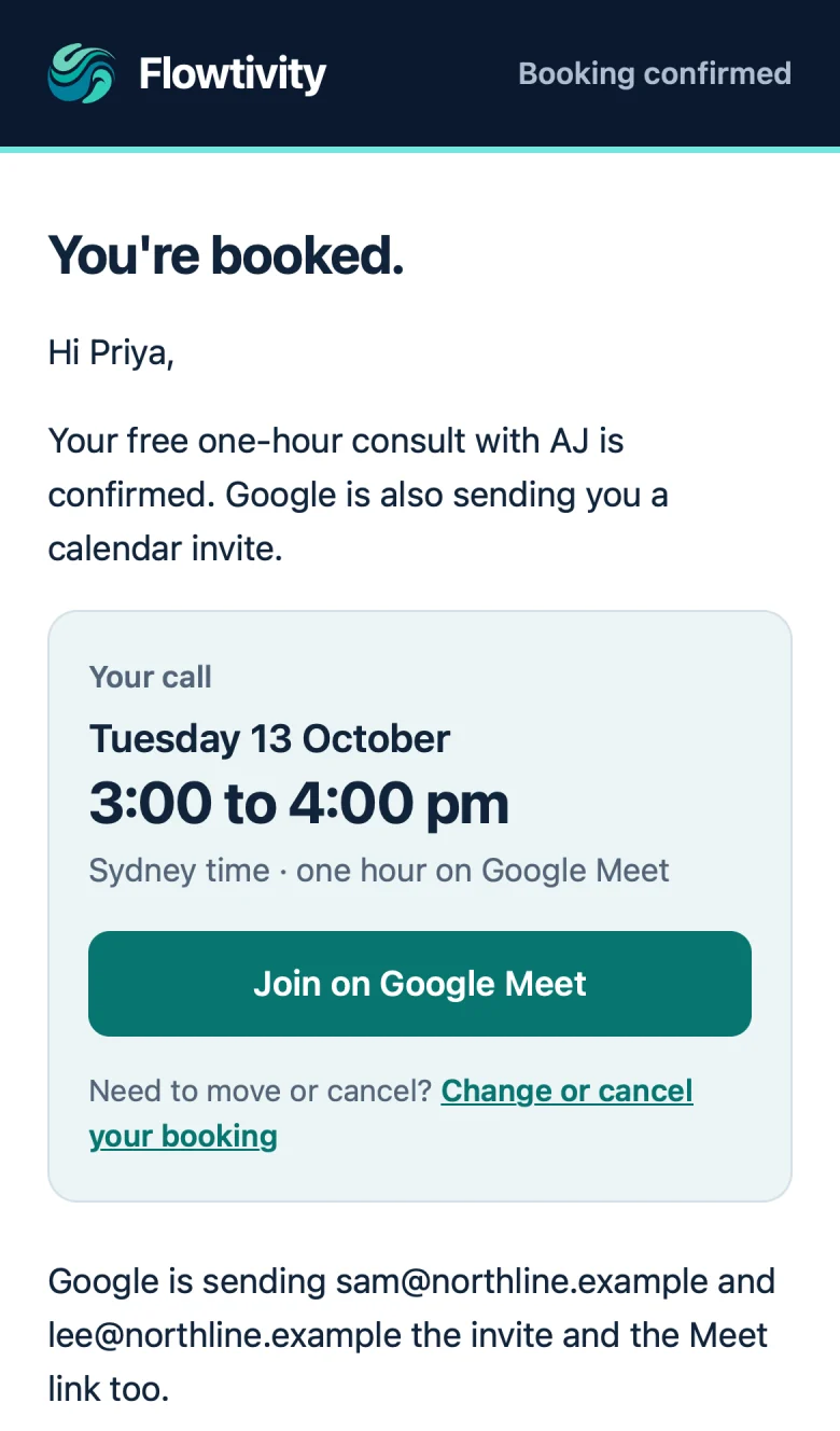 Phone screenshot of the confirmation email: You're booked, the call time in a card with a Join on Google Meet button, and a note that Google is sending the guests the invite.